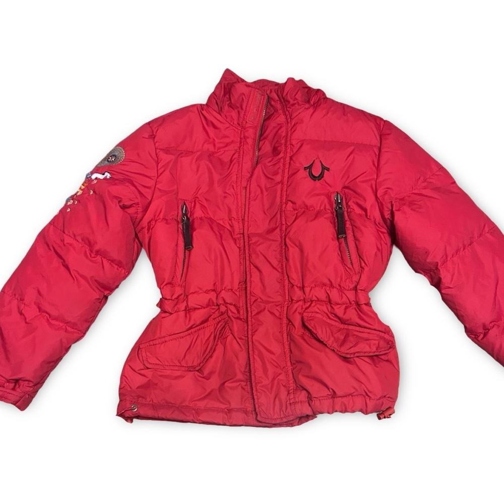 True Religion Puffer Jacket Detachable Hooded Full Zip Logo Goose Red Size 7